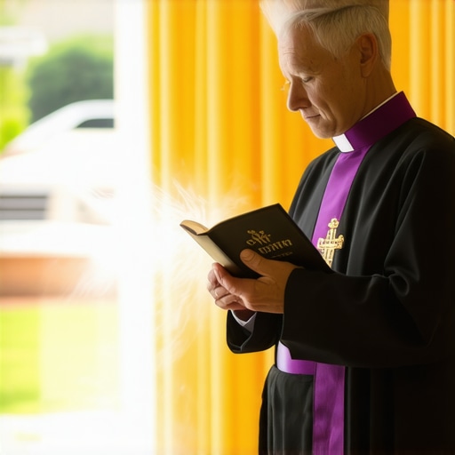 A Catholic priest conducting a spiritual house blessing in a residential living room.