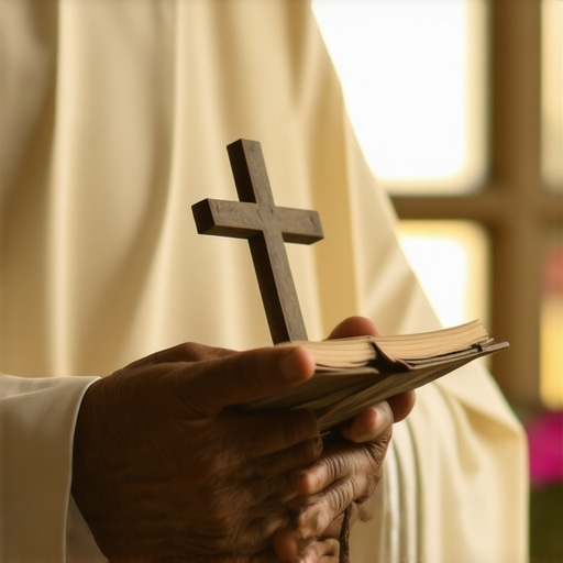 Catholic priest holding a prayer book and cross for spiritual deliverance in Virginia.