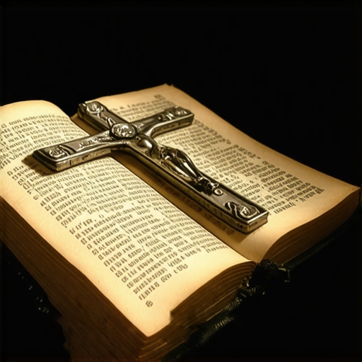Close up of a Catholic priest preparing for a spiritual ritual with a crucifix and ritual book.