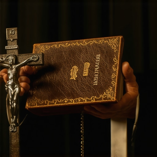 Close-up of a priest preparing for a spiritual rite with a prayer book and cross.