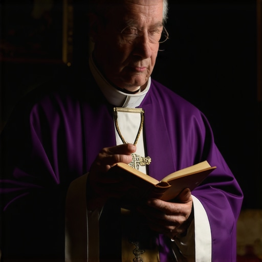 A Catholic priest in a violet stole performing a house blessing and deliverance prayer in a Fairfax home.