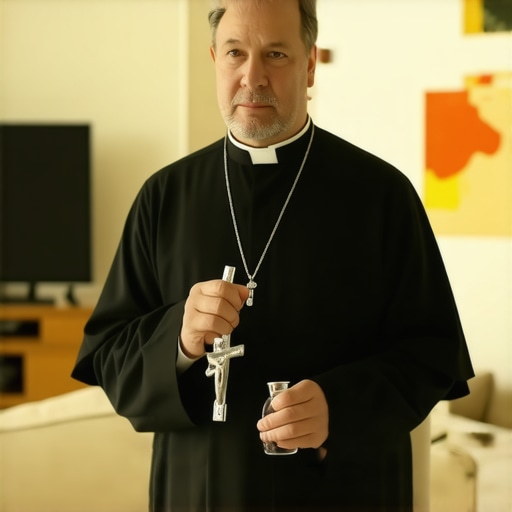 A Catholic priest conducting a deliverance prayer and house blessing ritual in a residential home.