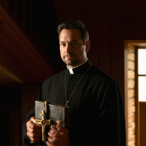 Catholic priest with crucifix in old Virginia house