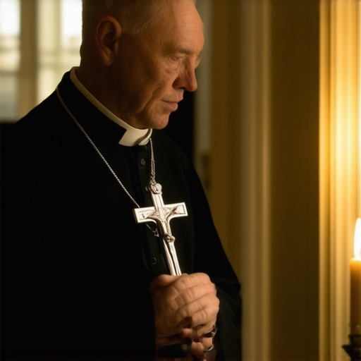 A Catholic priest using a crucifix and prayer book for spiritual deliverance in a Virginia home.