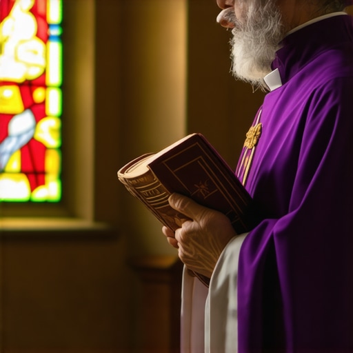 A Catholic priest in a violet stole performing a quiet prayer of deliverance in a historic Virginia chapel.
