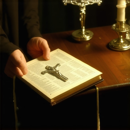 Close up of hands holding a leather bound Catholic ritual book for deliverance