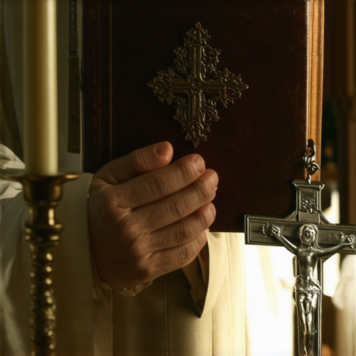 Close-up of a priest with a crucifix and prayer book in a dimly lit room