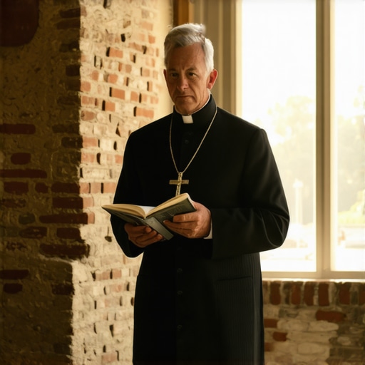 Catholic priest conducting a spiritual investigation in a historic Virginia property