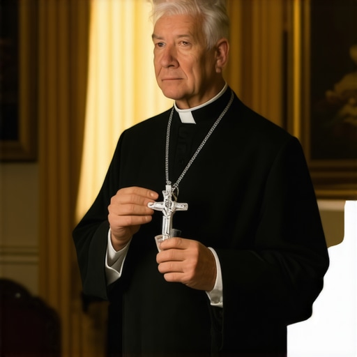 Catholic priest holding a crucifix and holy water for a house blessing in Alexandria.