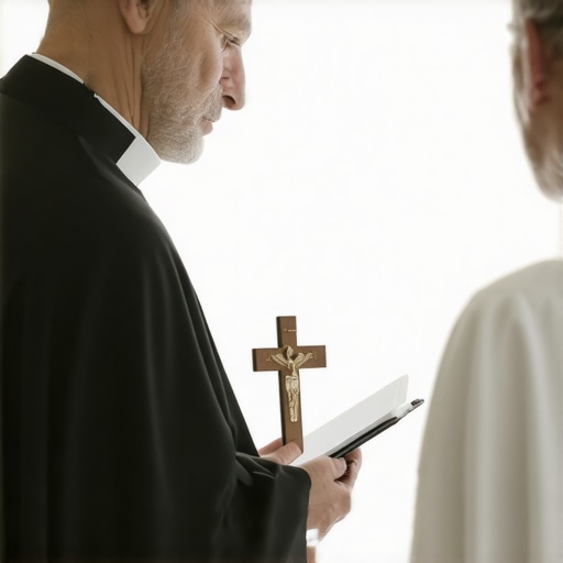 A Catholic priest conducting a spiritual house visit and taking notes on reported activity.
