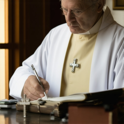 A Catholic priest in Virginia reviewing medical documents for a spiritual deliverance evaluation.
