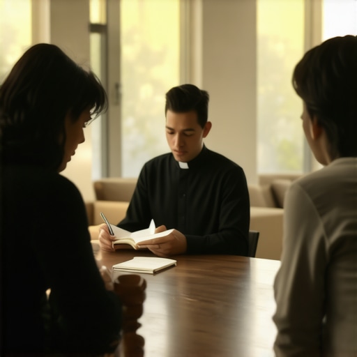 A priest and a couple discussing documented spiritual activity in an Alexandria home.