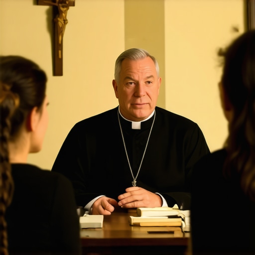 A Catholic priest conducting a spiritual discernment meeting with a family in a formal setting.