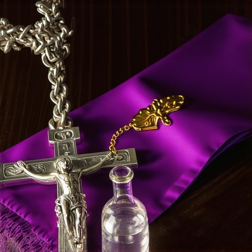 A purple stole and crucifix used by an official exorcist in Virginia for spiritual deliverance.
