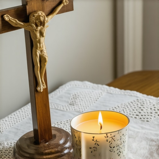 A home prayer altar with a crucifix and holy water for spiritual protection.