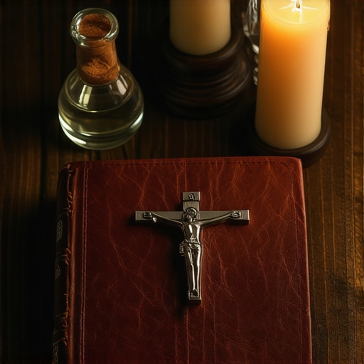 A Rituale Romanum, a Benedictine crucifix, and holy water on a table