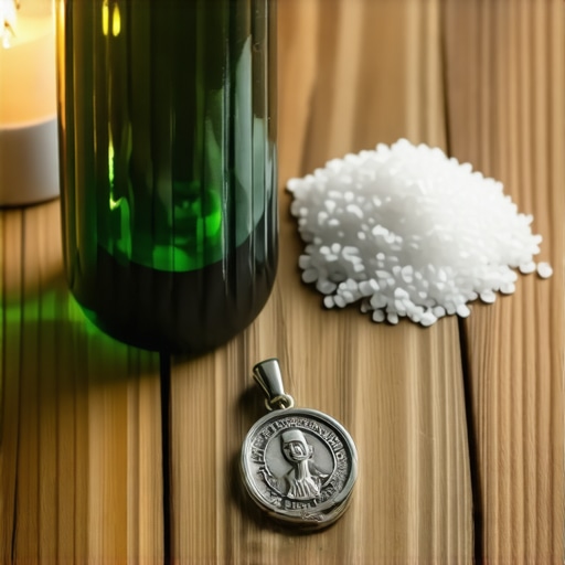 Sacramental tools including holy water and exorcised salt on a wooden table