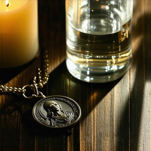 Sacramental Tools for Spiritual Protection A Benedictine medal and holy water bottle used for spiritual maintenance in a Virginia home.