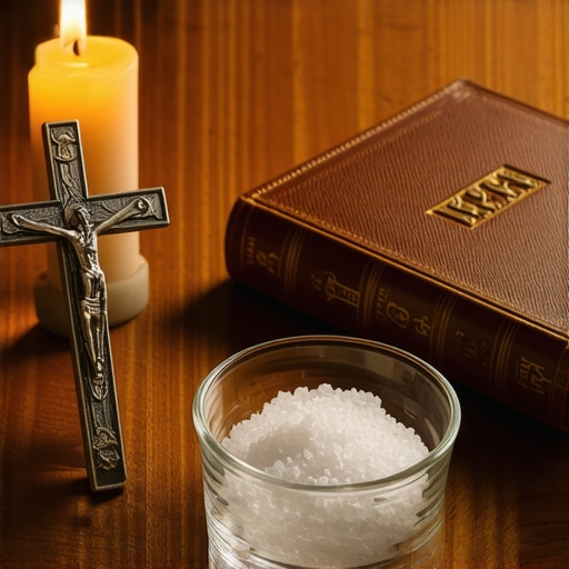 Crucifix, blessed salt, and prayer book on a table representing tools for spiritual warfare.