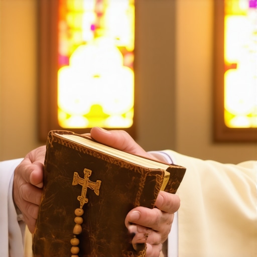 A priest holding a prayer book and rosary representing the tools used in Catholic healing ministry.