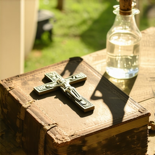 A Roman Ritual book and crucifix used in Catholic deliverance rites.