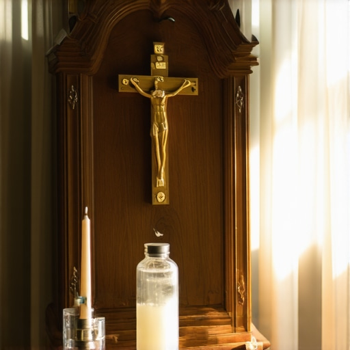 A home altar with holy water and a crucifix for spiritual maintenance