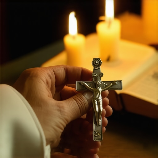 A Catholic priest's hands holding a crucifix and holy water for a deliverance ritual.
