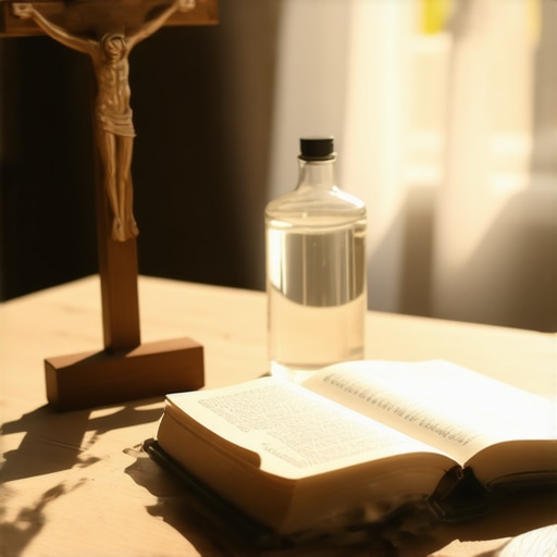 A collection of Catholic sacramentals including a crucifix and holy water for home protection.