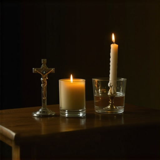 A crucifix and holy water on a table in a dimly lit historic house symbolizing spiritual protection.