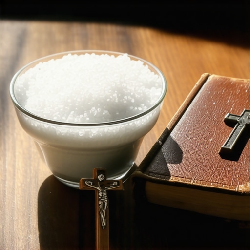 Blessed salt and crucifix on a table for spiritual protection