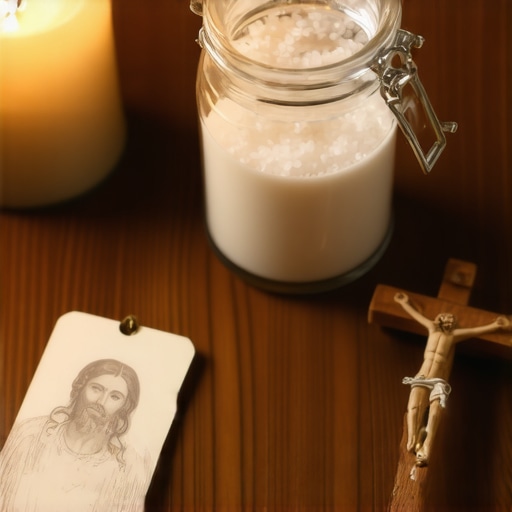 Blessed salt and crucifix on a table representing spiritual maintenance and protection