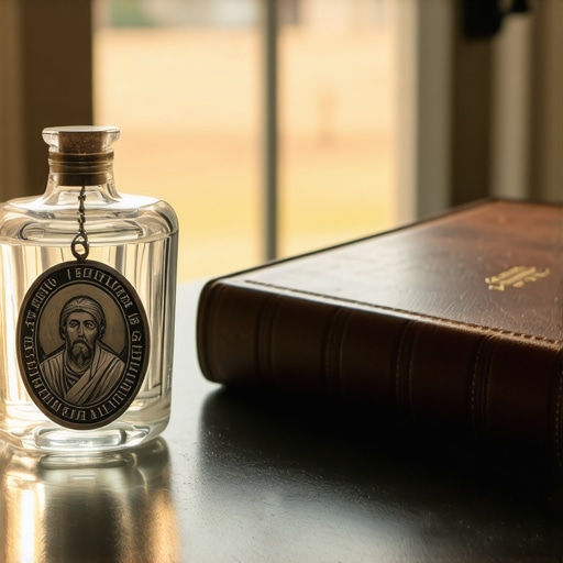 A St. Benedict medal and holy water used for spiritual maintenance in Virginia homes.
