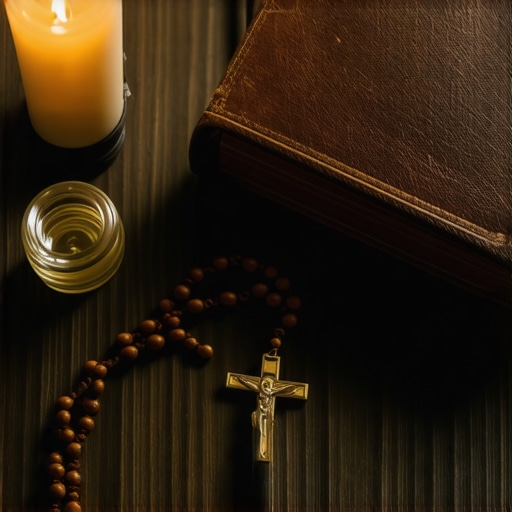A wooden rosary and holy water on a table in a Virginia home for spiritual protection.