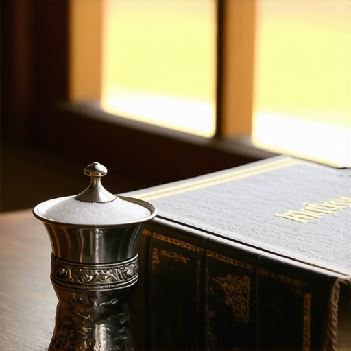 Blessed salt and a prayer book on a wooden table for spiritual protection.