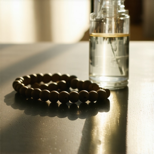 A wooden rosary and holy water bottle on a table representing spiritual protection tools.