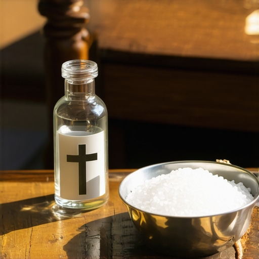 Holy water and blessed salt on a wooden table used for home spiritual cleansing.