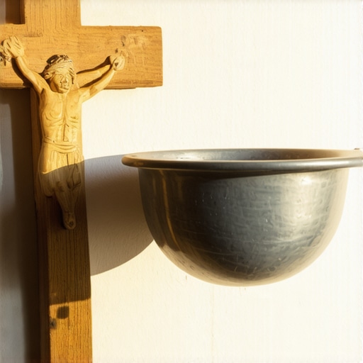 A silver holy water font and a wooden crucifix used for spiritual protection in a home.