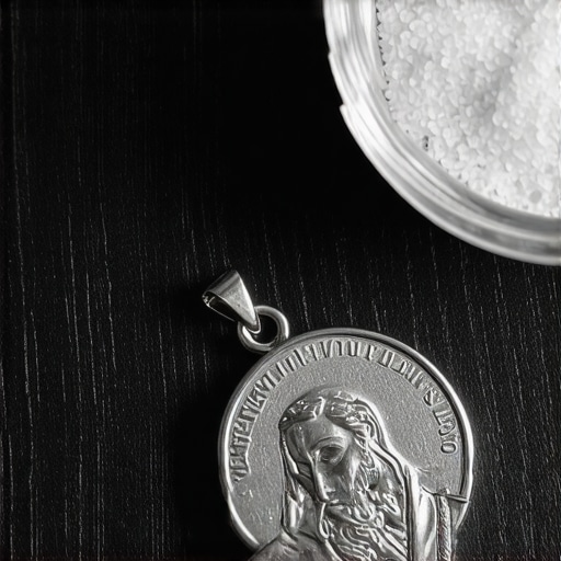 Close up of a Benedictine medal and exorcised salt for spiritual protection.