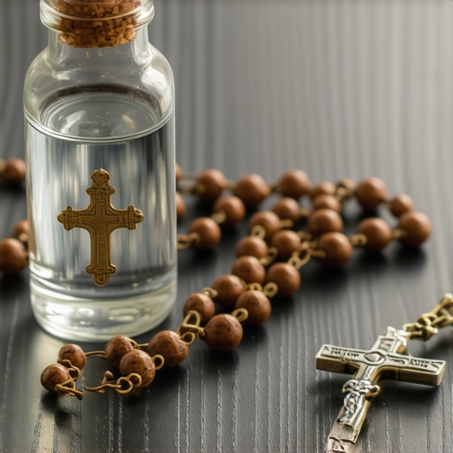 A Benedictine medal and holy water bottle used for spiritual protection and maintenance in a DC home.