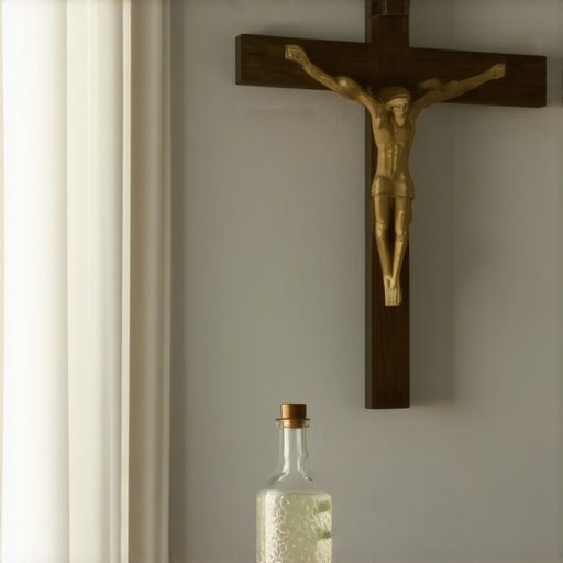 A crucifix and holy water bottle on a side table representing spiritual protection in a Virginia household.