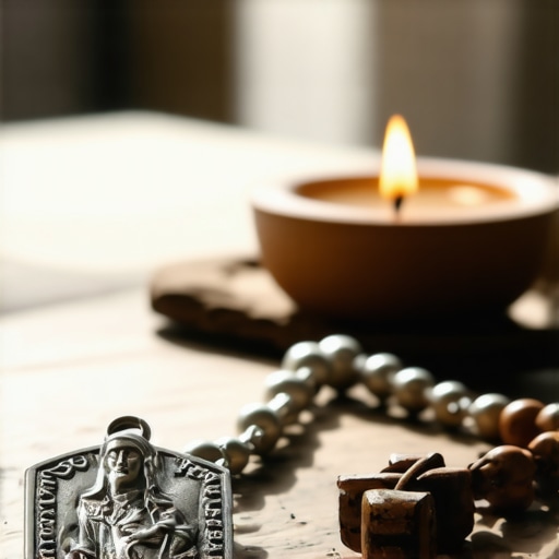 A Benedictine medal and wooden rosary used for spiritual protection and maintenance in a Virginia home.