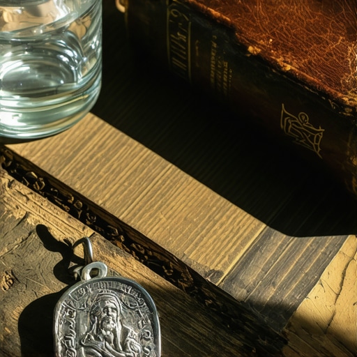 Close up of a St. Benedict medal and holy water for spiritual defense