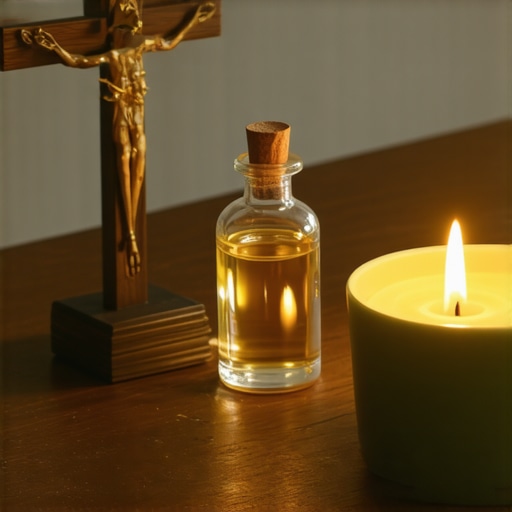 A home altar with a crucifix and holy water for maintaining a peaceful spiritual environment.