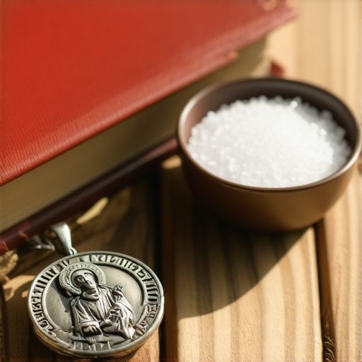A Benedictine medal and blessed salt on a table representing spiritual maintenance tools.