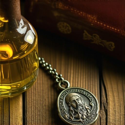 A Saint Benedict medal and holy water on a desk for spiritual maintenance