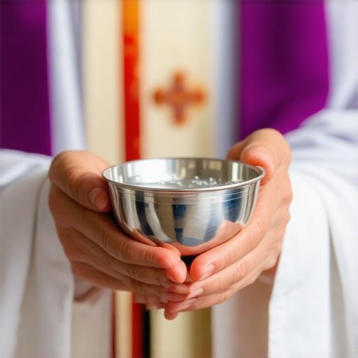 A priest preparing holy water and a stole for a house blessing in Washington DC.