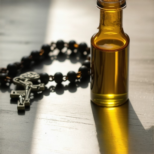 A wooden rosary and holy oil on a table representing tools for spiritual maintenance.