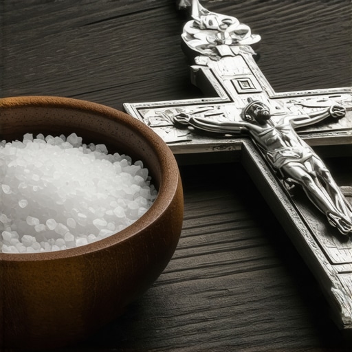 Blessed salt and a crucifix on a wooden table used for spiritual protection in a home.
