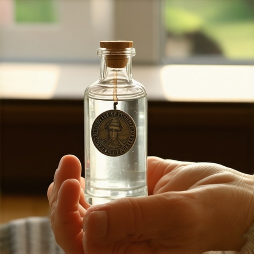 A hand holding Holy Water and a St. Benedict medal in a home setting.