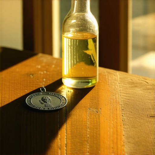 A St. Benedict medal and holy water on a table representing spiritual maintenance.